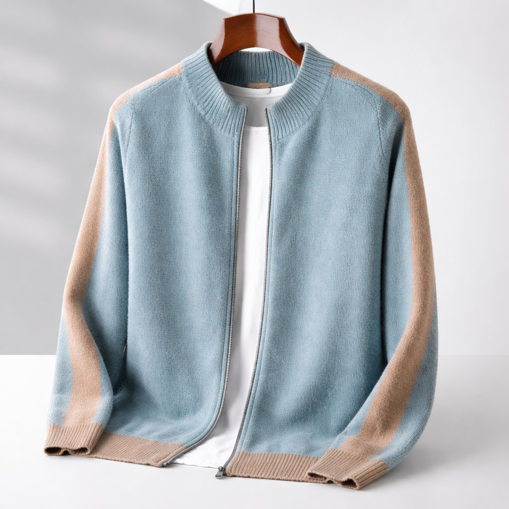 Men's Cardigan - Zip Up Knit Jumper with Colour Block Panels and Ribbed Cuffs
