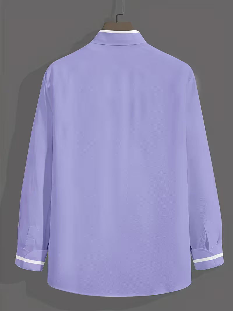 Men's Long Sleeve Shirt - Band Collar - Contrast Trim Detail