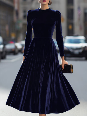 Women's Velvet Midi Dress - High Neck Long Sleeve A-Line with Puff Shoulders and Back Zip