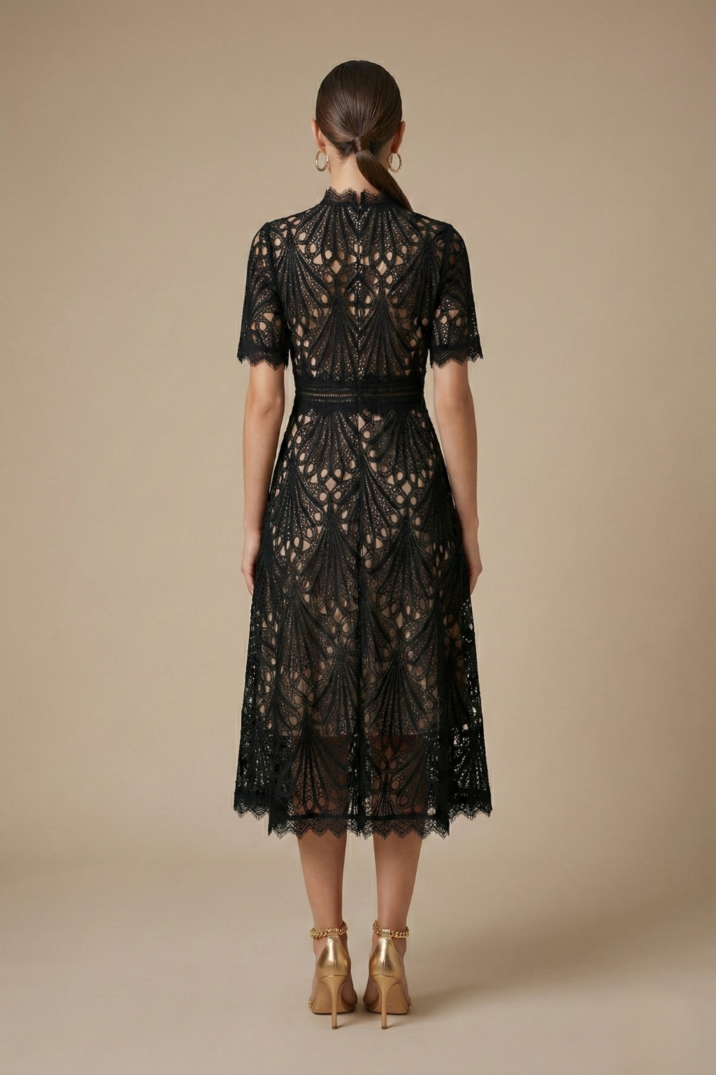 Women's Lace Midi Dress - High Neck Short Sleeve A-Line Cutwork