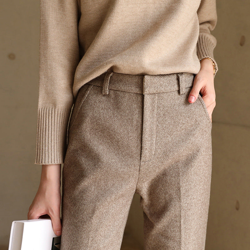 Women's High-Waisted Straight Leg Pants with Belt Loops and Front Seam Detail