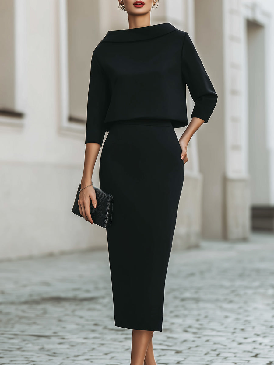 Women's Two Piece Skirt Set - Boat Neck Crop Top and Bodycon Midi Skirt - Three-Quarter Sleeves