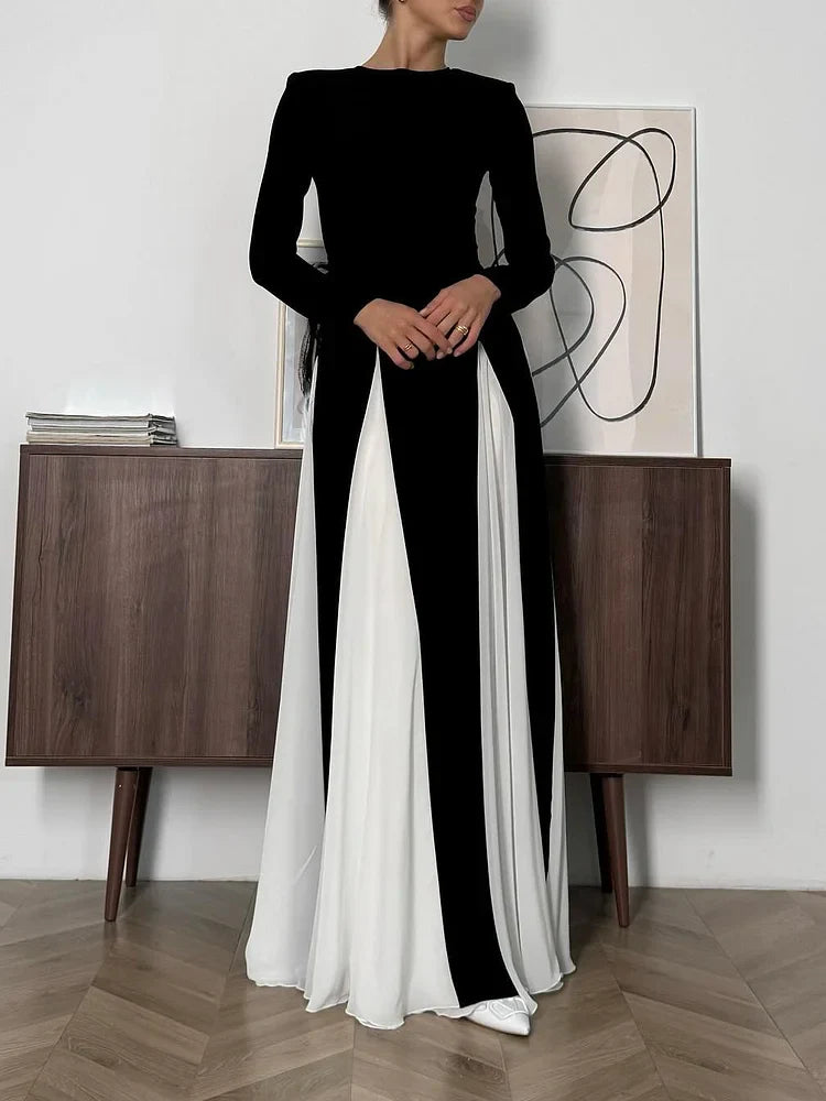 Women's Black And White Formal Maxi Dress - Colour Block - Long Sleeve - Fitted
