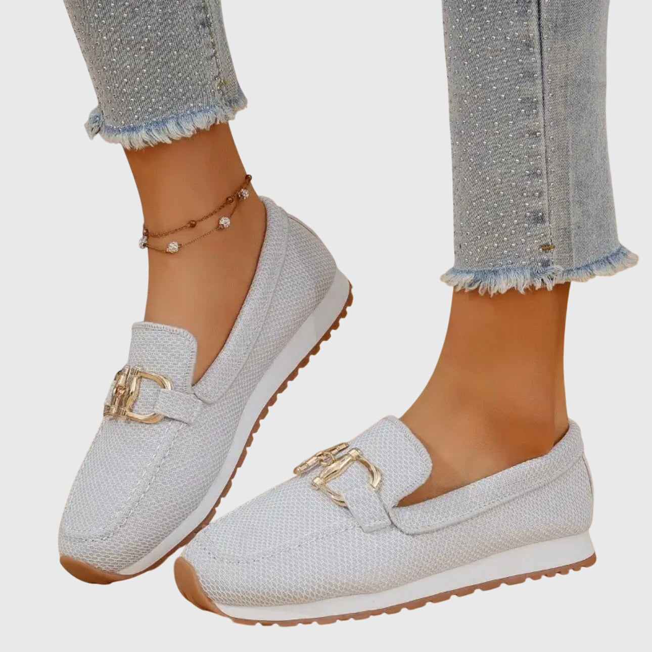 Women's Slip On Loafers - Mesh Upper - Gold Hardware Detail - Flat