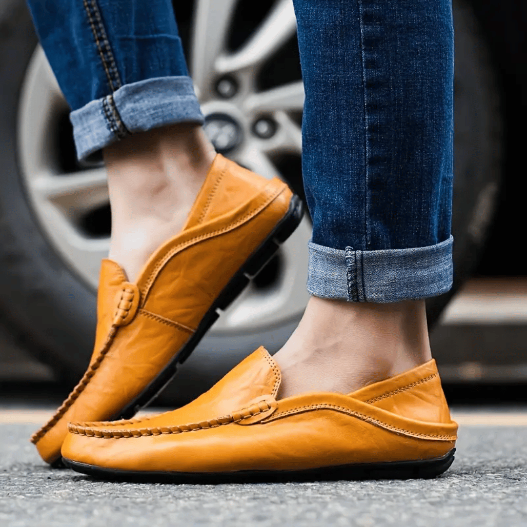 Men's Casual Loafers - Slip-On Moccasin Toe with Topstitched Apron and Flat Sole