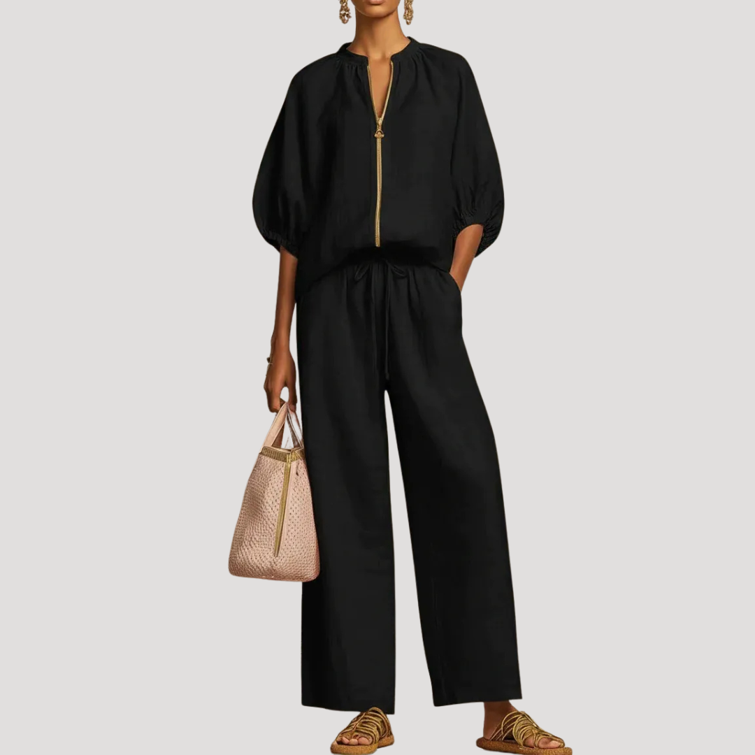 Women's Linen Puff Sleeve Zip Top Wide Leg Pants Set