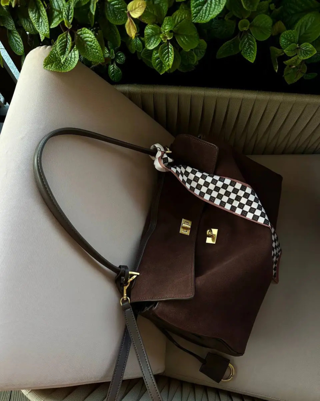 Suede Shoulder Bag - Flap Closure - Gold-Tone Hardware