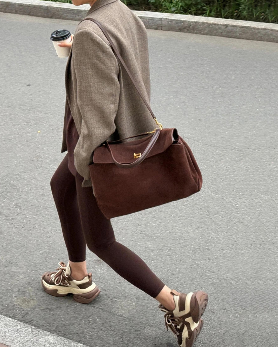 Suede Shoulder Bag - Flap Closure - Gold-Tone Hardware