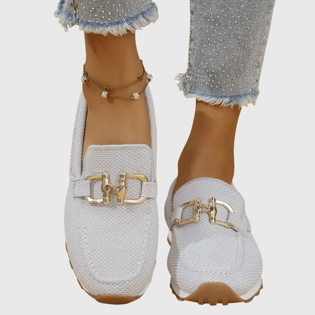 Women's Slip On Loafers - Mesh Upper - Gold Hardware Detail - Flat