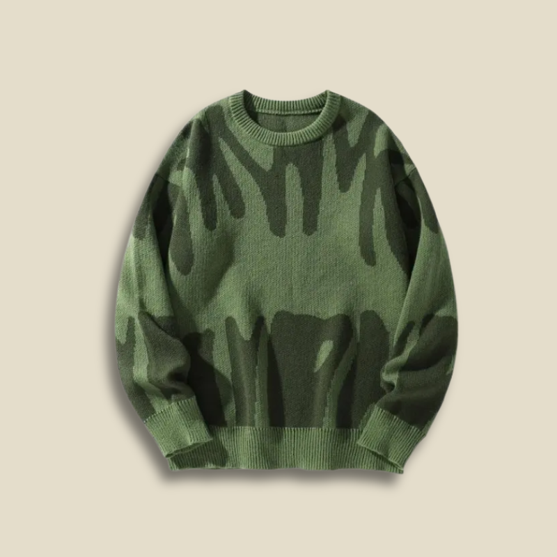 Men’s Crew Neck Knitted Jumper – Long Sleeve Abstract Pattern Pullover with Ribbed Cuffs