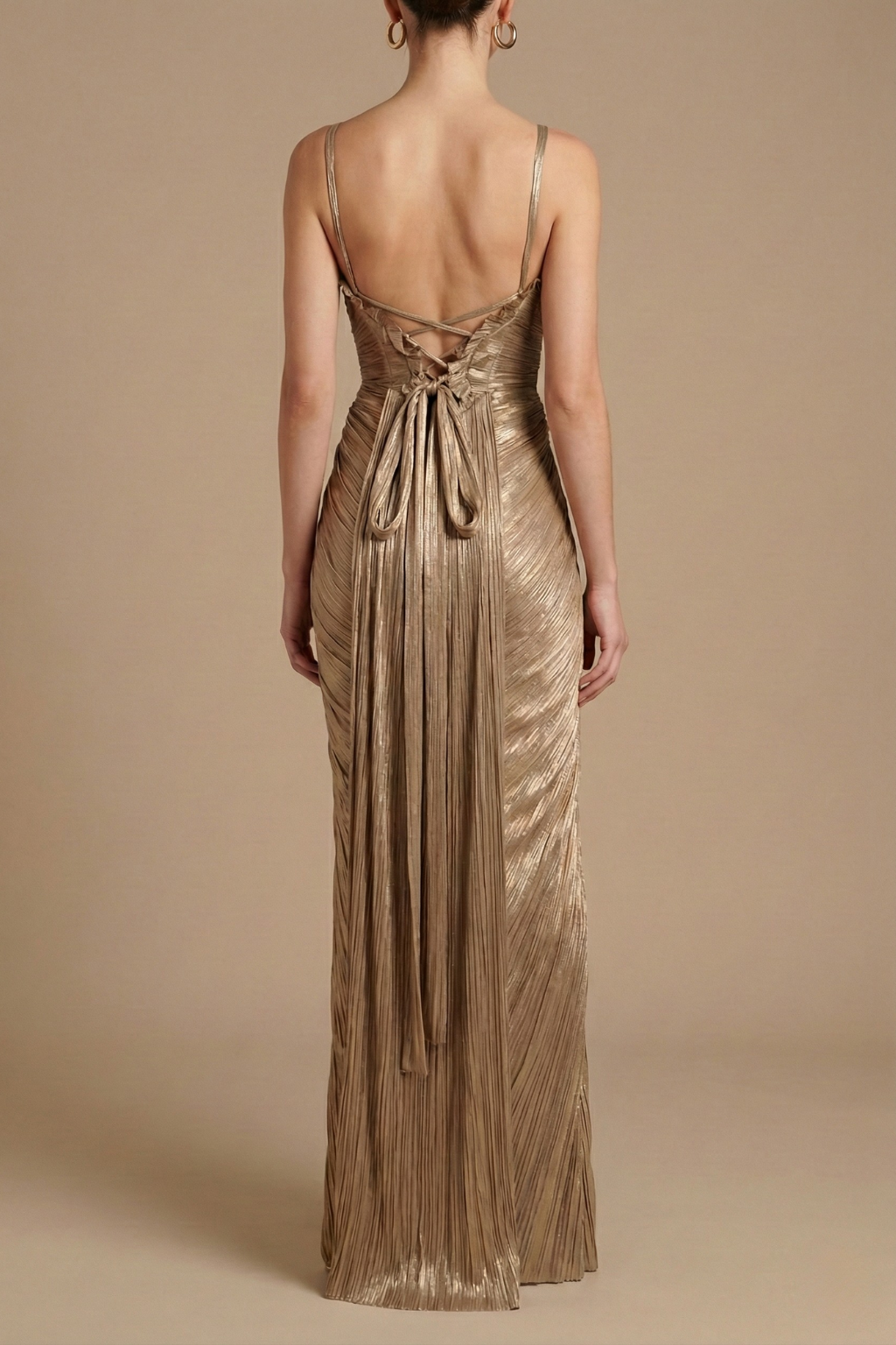 Women's Pleated Corset Maxi Dress - Lace-Up Back - Gold