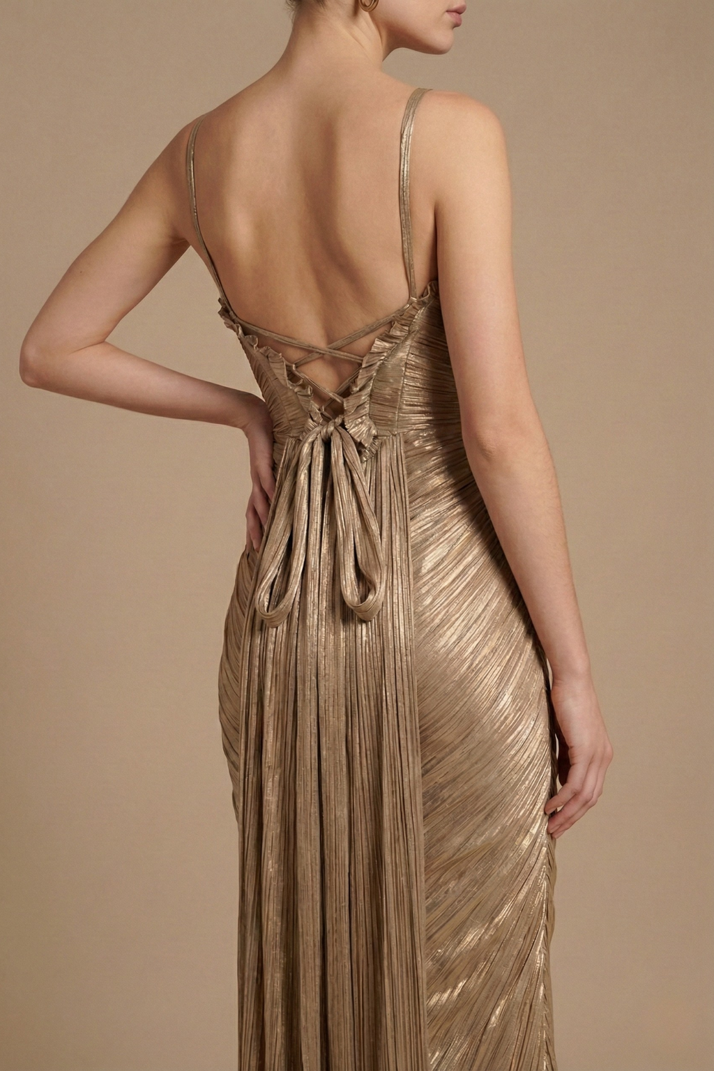Women's Pleated Corset Maxi Dress - Lace-Up Back - Gold