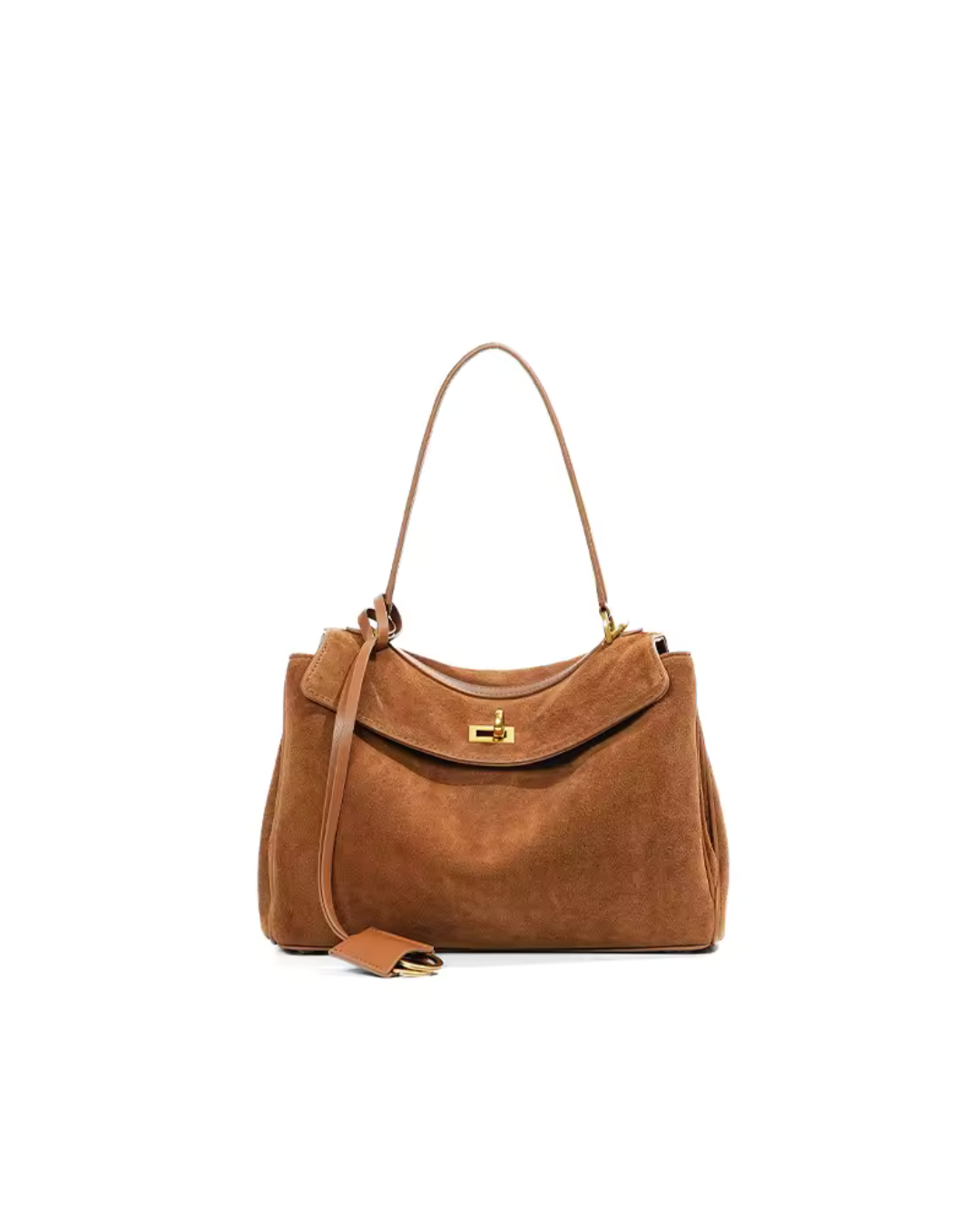 Suede Shoulder Bag - Flap Closure - Gold-Tone Hardware