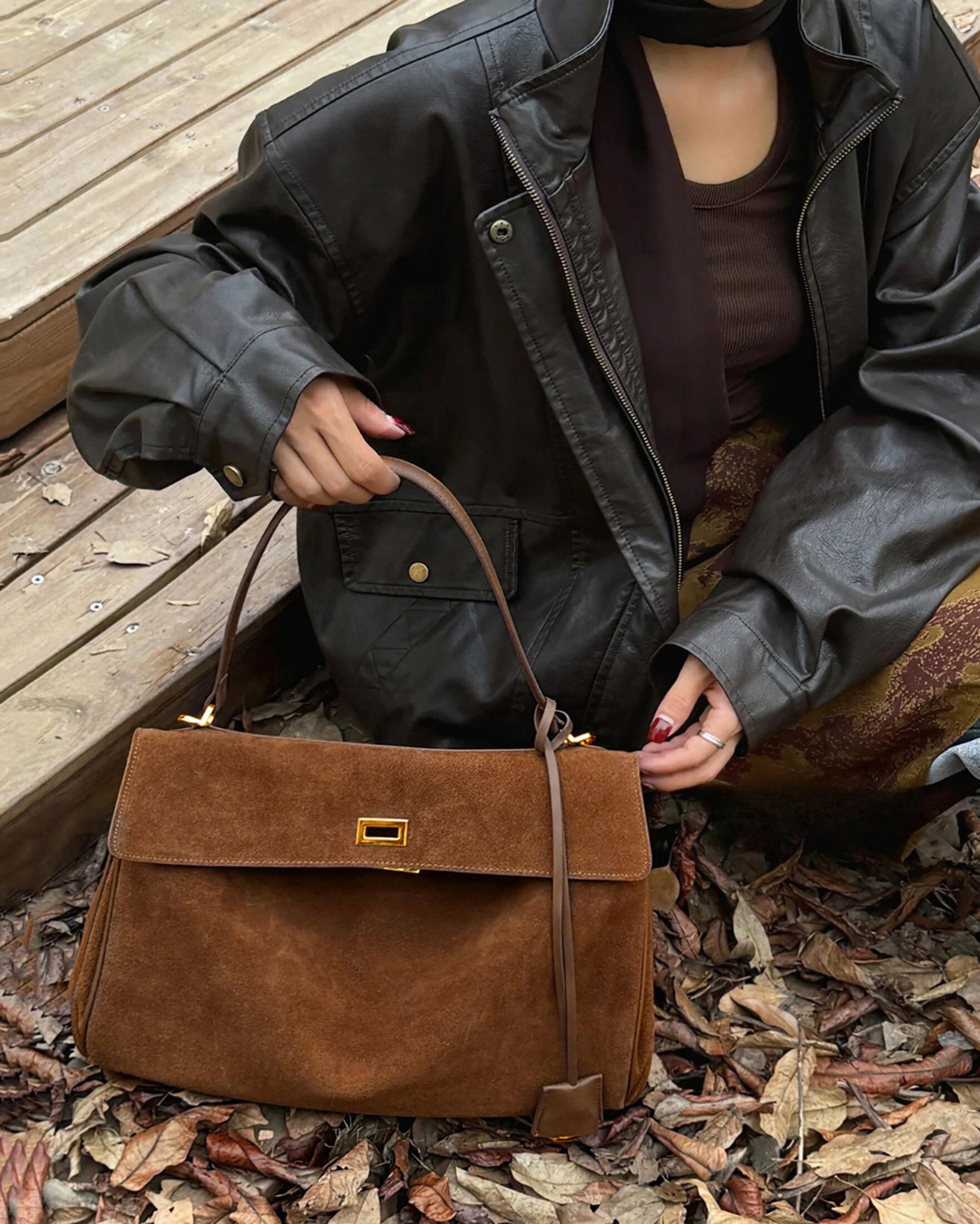 Suede Shoulder Bag - Flap Closure - Gold-Tone Hardware
