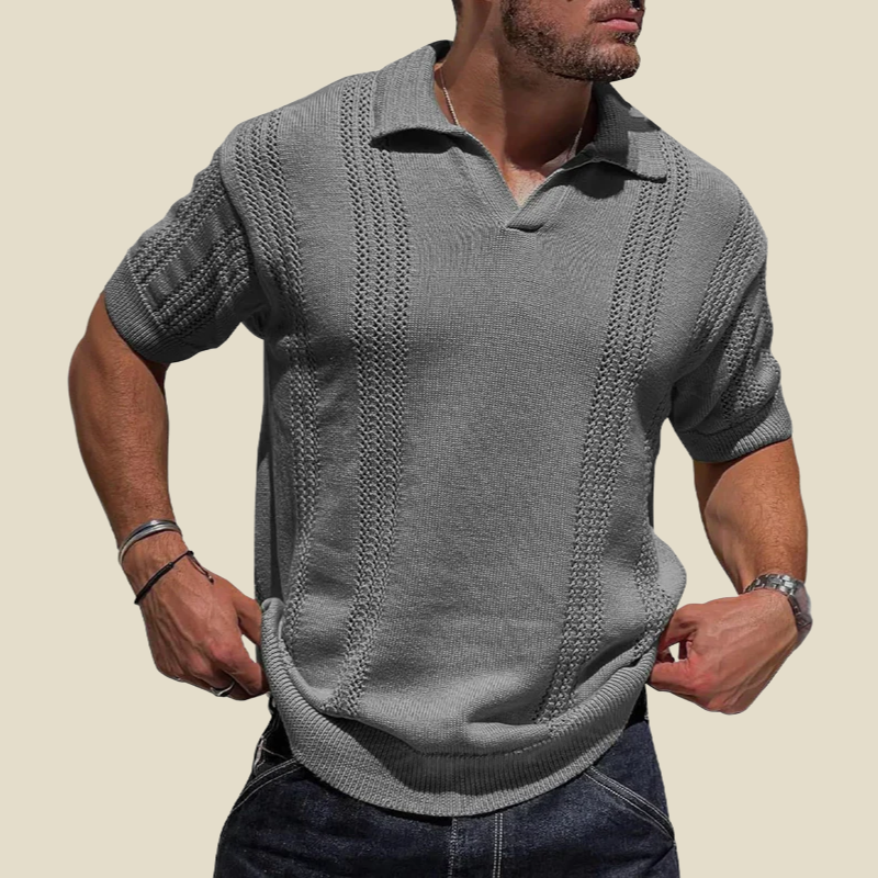 Men's Knit Polo Shirt - V-Neck Short Sleeve Stripe Texture