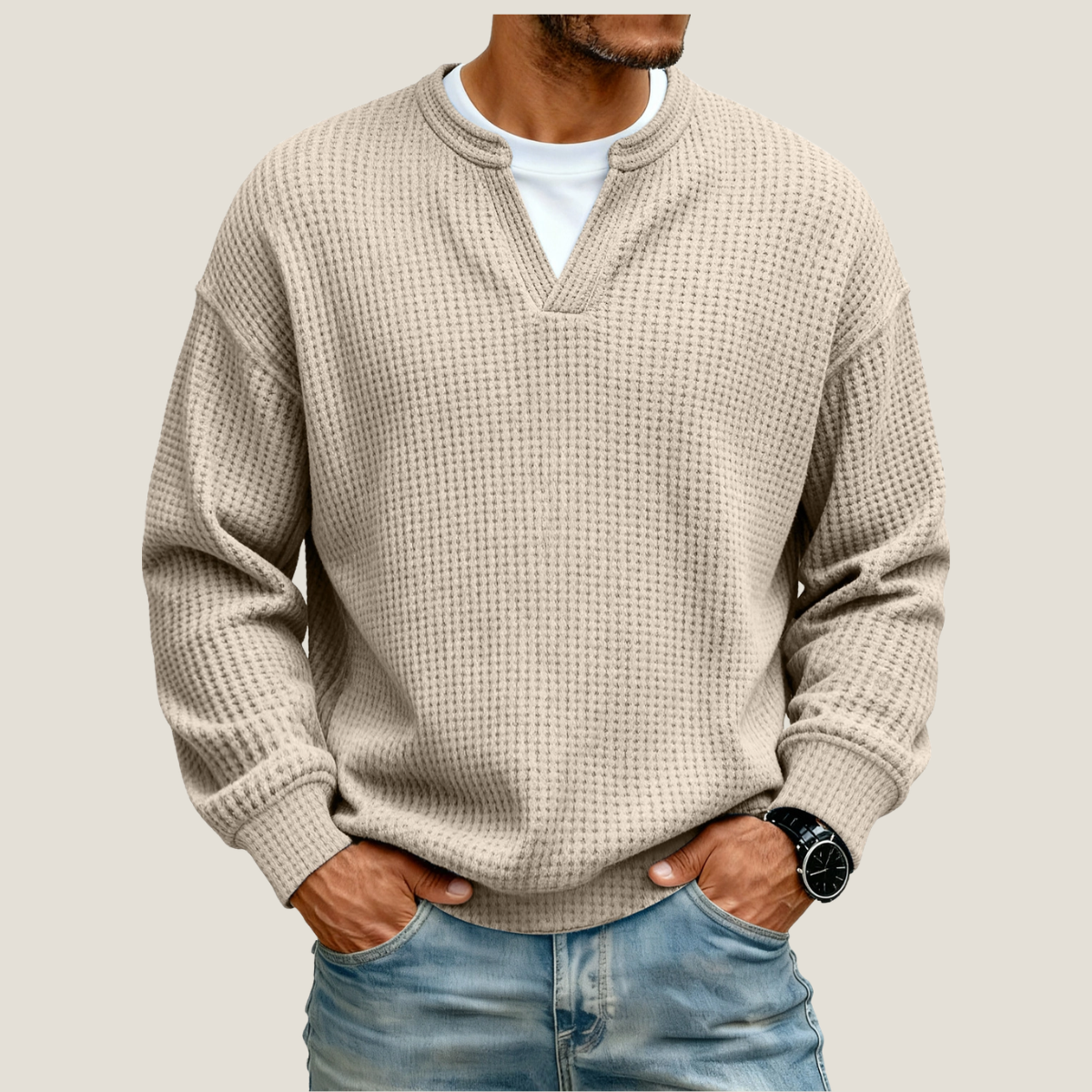 Men's Waffle Knit Jumper - V-Neck - Long Sleeve - Relaxed Fit
