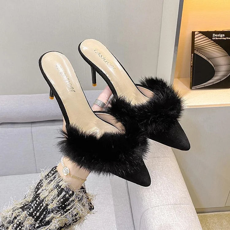 Women's Faux Fur Mule Heels - Pointed Toe - Stiletto - Slip On