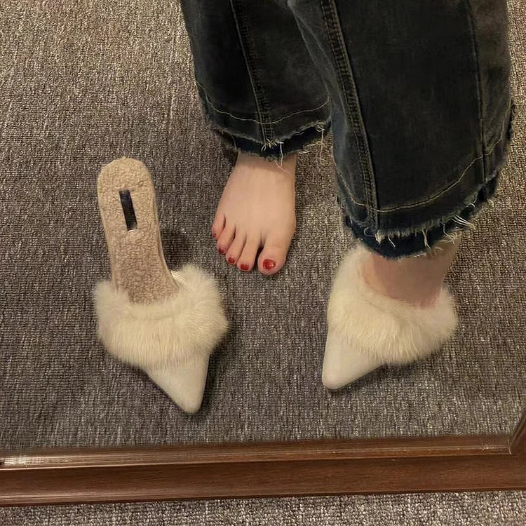 Women's Faux Fur Mule Heels - Pointed Toe - Stiletto - Slip On
