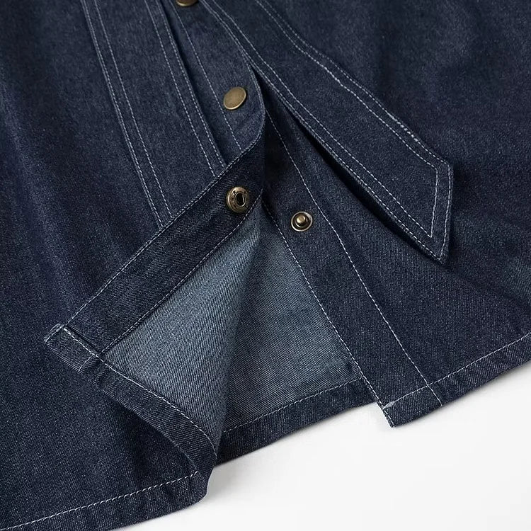 Women's Denim Blouse - Bow Tie Neck - Puff Sleeve - Button Up