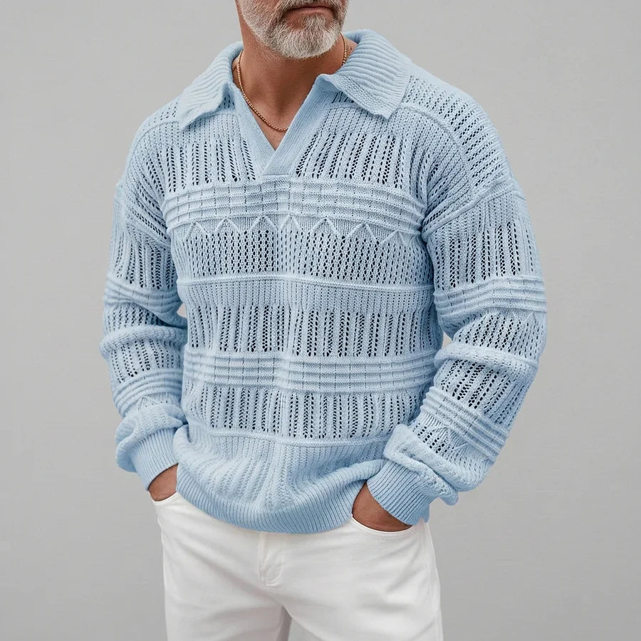 Men's Open Knit Polo Jumper - V-Neck Collar - Long Sleeve