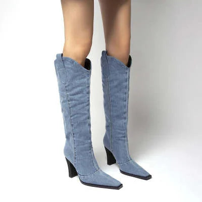 Women's Knee High Boots - Denim Upper - Block Heel - Pointed Toe