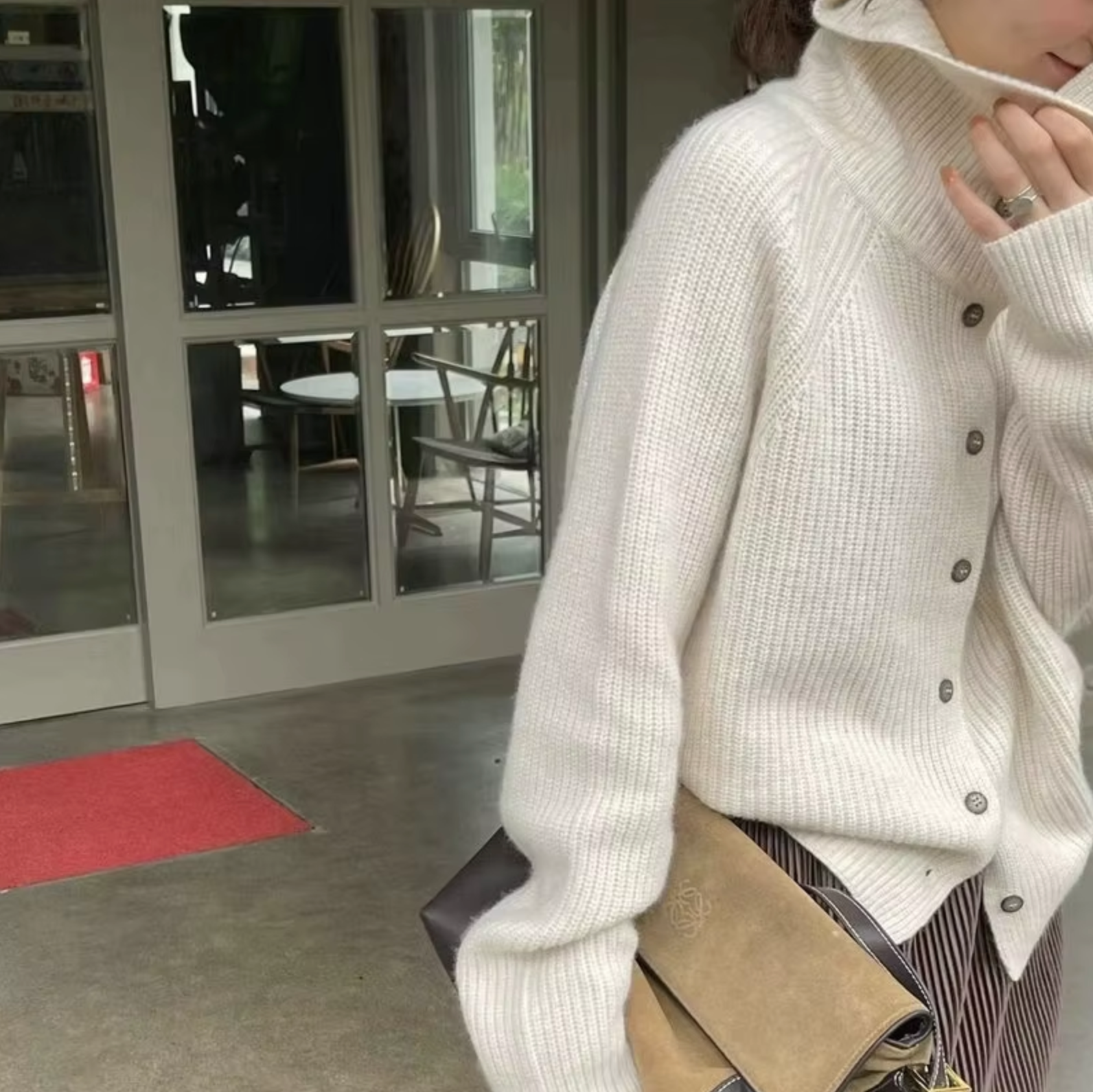 Women's Knit Sweater - Oversized Turtleneck with Button Front and Ribbed Texture