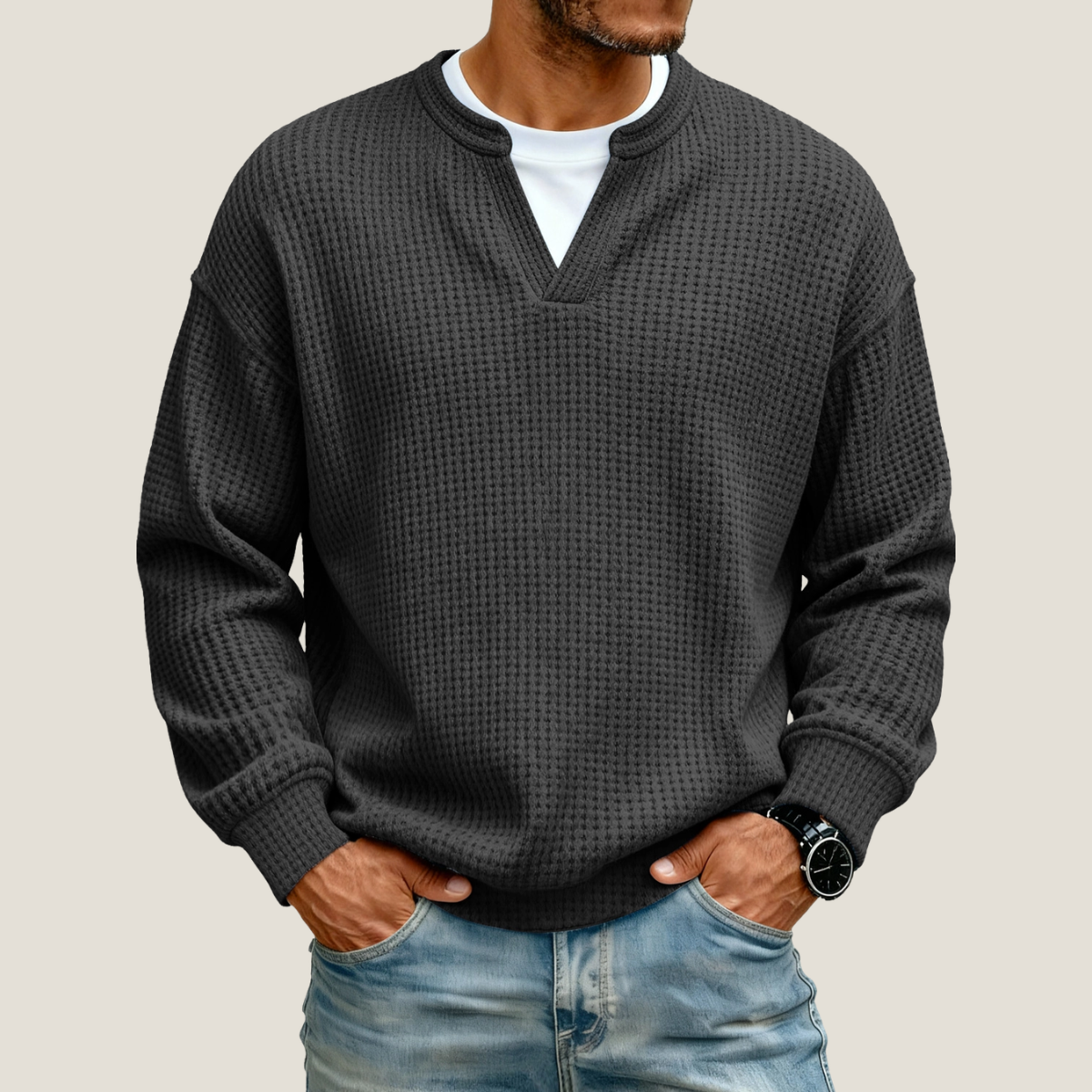Men's Waffle Knit Jumper - V-Neck - Long Sleeve - Relaxed Fit
