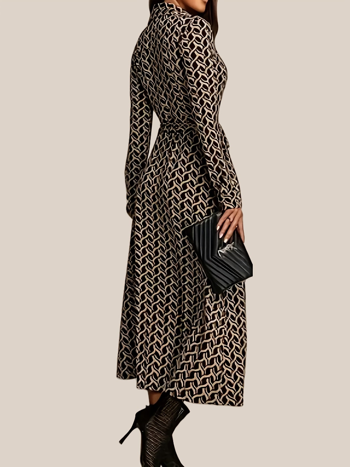 Women's Black Long Sleeve Midi Dress - Geo Print - Belted Waist