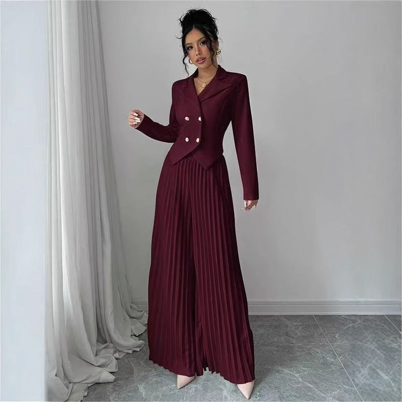 Women's Pant Suit Set - Double Breasted Blazer and Pleated Wide Leg Pants