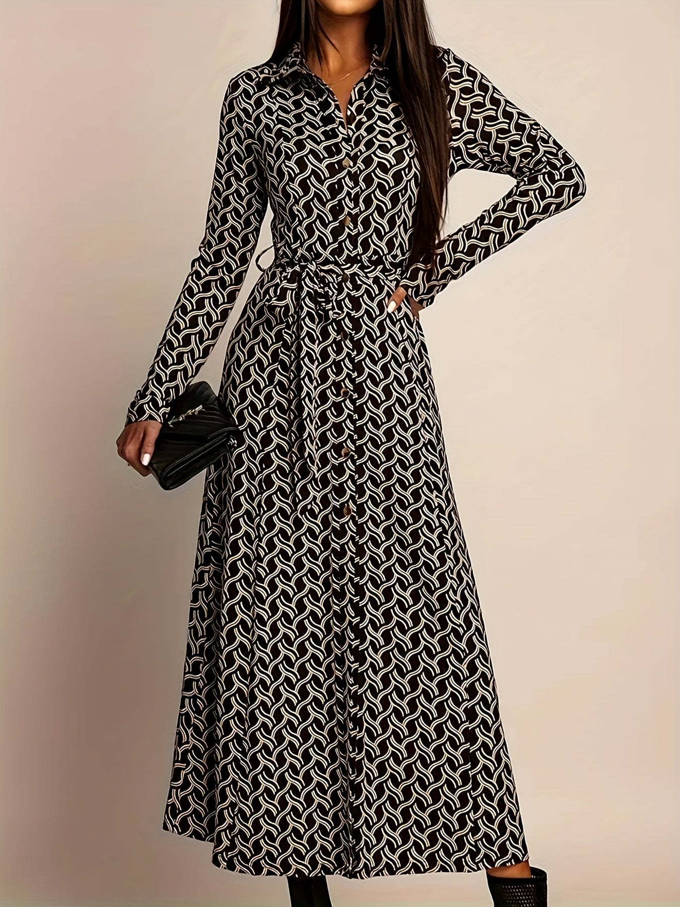 Women's Black Long Sleeve Midi Dress - Geo Print - Belted Waist