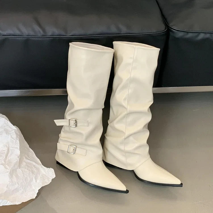 Women's Knee High Boots - Slouch - Double Buckle - Pointed Toe