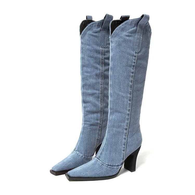 Women's Knee High Boots - Denim Upper - Block Heel - Pointed Toe