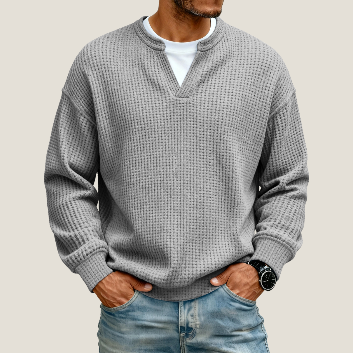 Men's Waffle Knit Jumper - V-Neck - Long Sleeve - Relaxed Fit