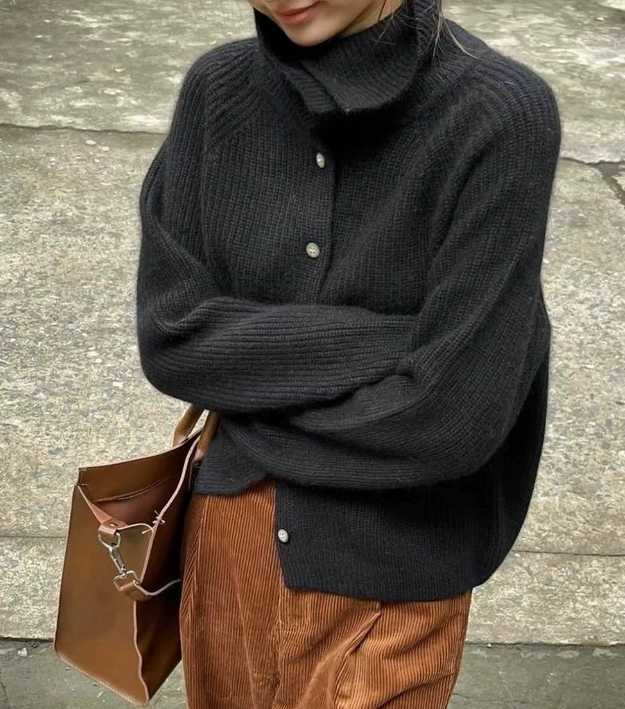 Women's Knit Sweater - Oversized Turtleneck with Button Front and Ribbed Texture