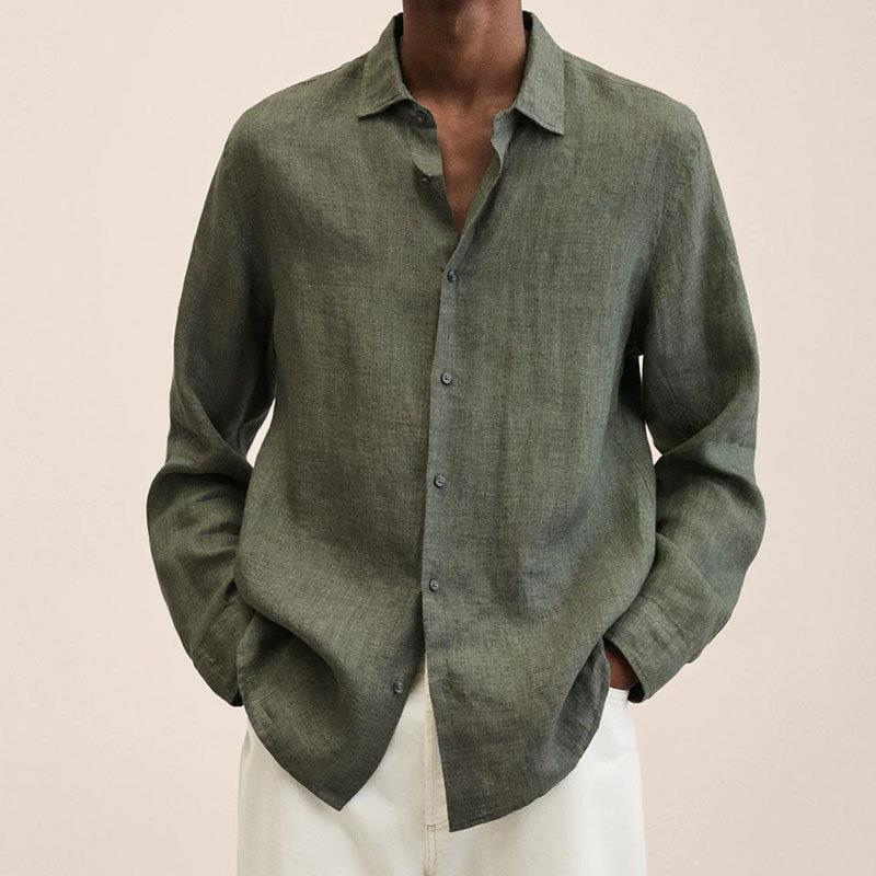 Men's Long Sleeve Linen Button Down Shirt - Spread Collar
