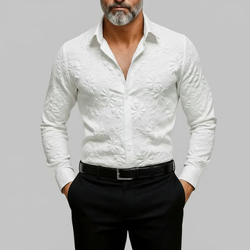Men's Floral Jacquard Shirt - Long Sleeve Button Up - Slim Fit