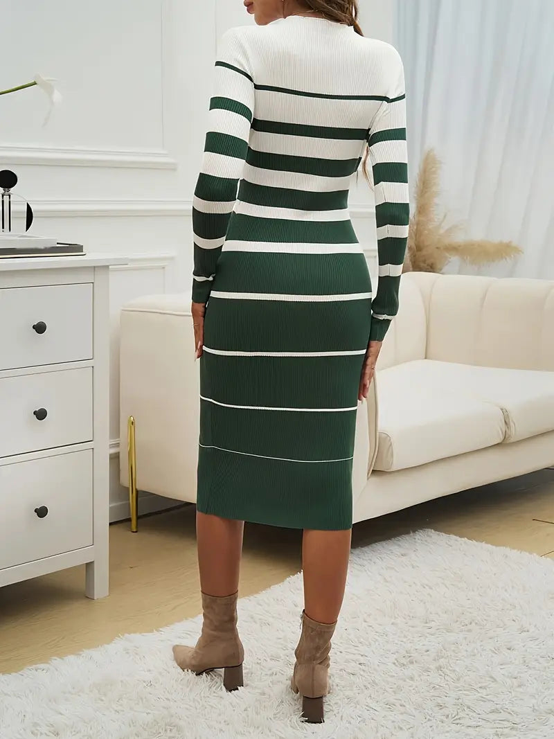 Women's Long Sleeve Midi Dress - Striped Bodycon Crew Neck
