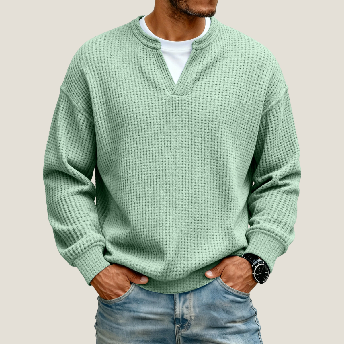 Men's Waffle Knit Jumper - V-Neck - Long Sleeve - Relaxed Fit