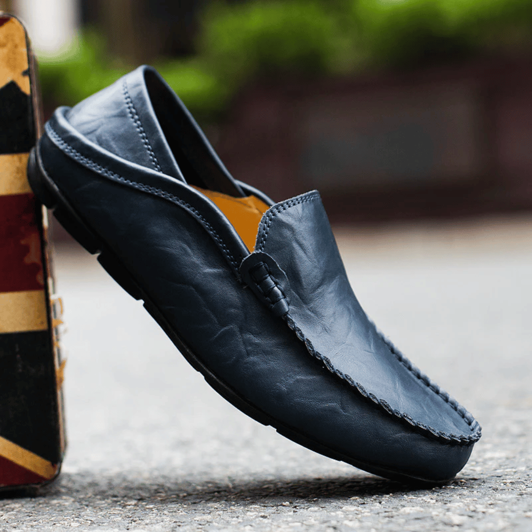 Men's Casual Loafers - Slip-On Moccasin Toe with Topstitched Apron and Flat Sole