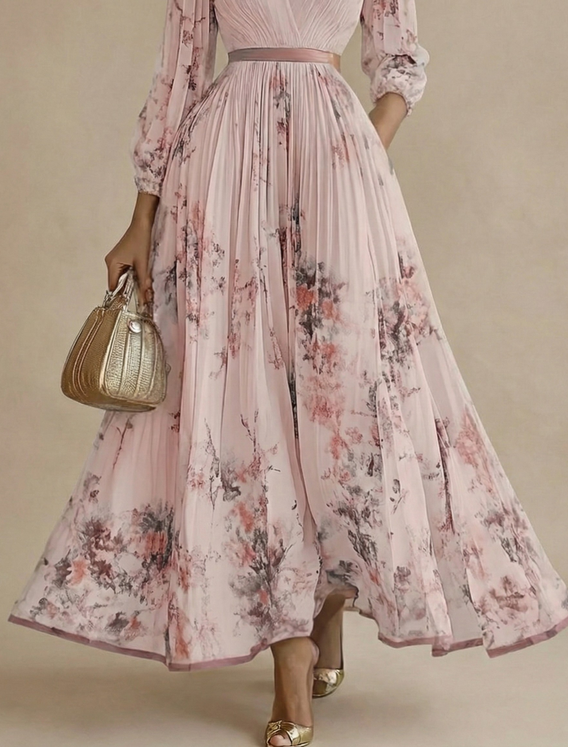 Women's Floral Maxi Dress - Long Sleeve V-Neck Pleated A-Line Skirt