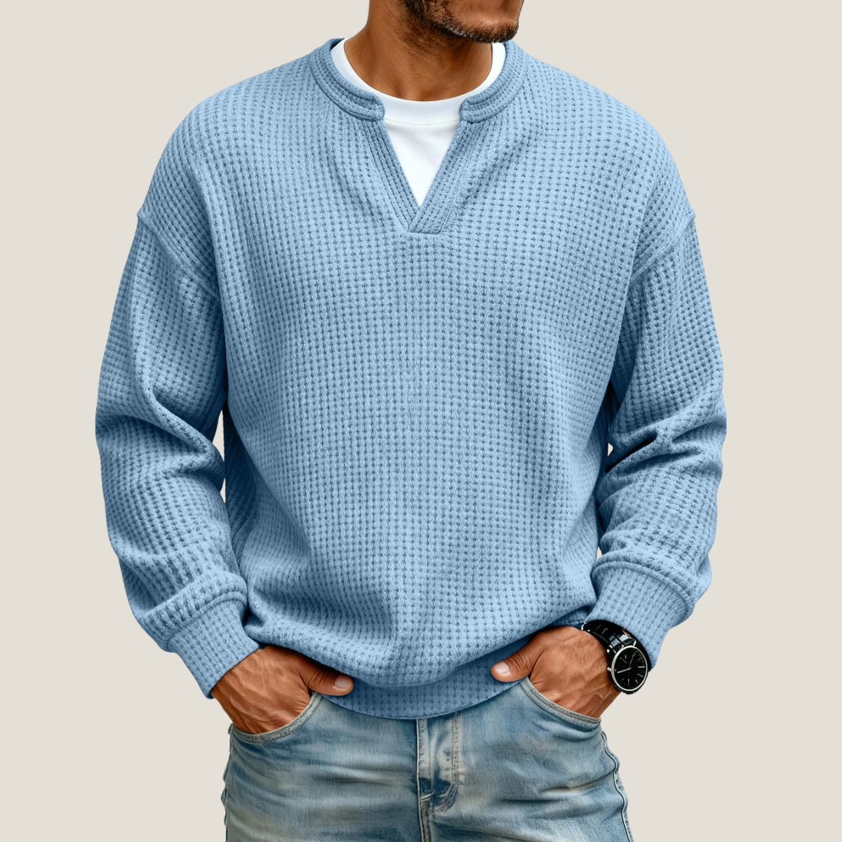 Men's Waffle Knit Jumper - V-Neck - Long Sleeve - Relaxed Fit