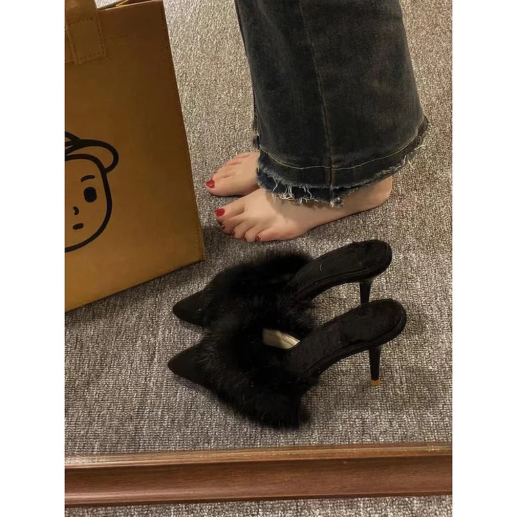 Women's Faux Fur Mule Heels - Pointed Toe - Stiletto - Slip On