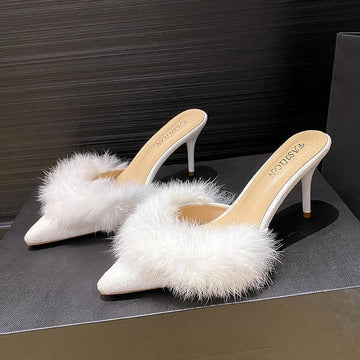 Women's Faux Fur Mule Heels - Pointed Toe - Stiletto - Slip On