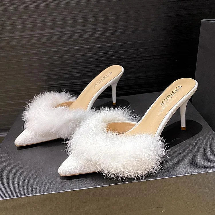 Women's Faux Fur Mule Heels - Pointed Toe - Stiletto - Slip On
