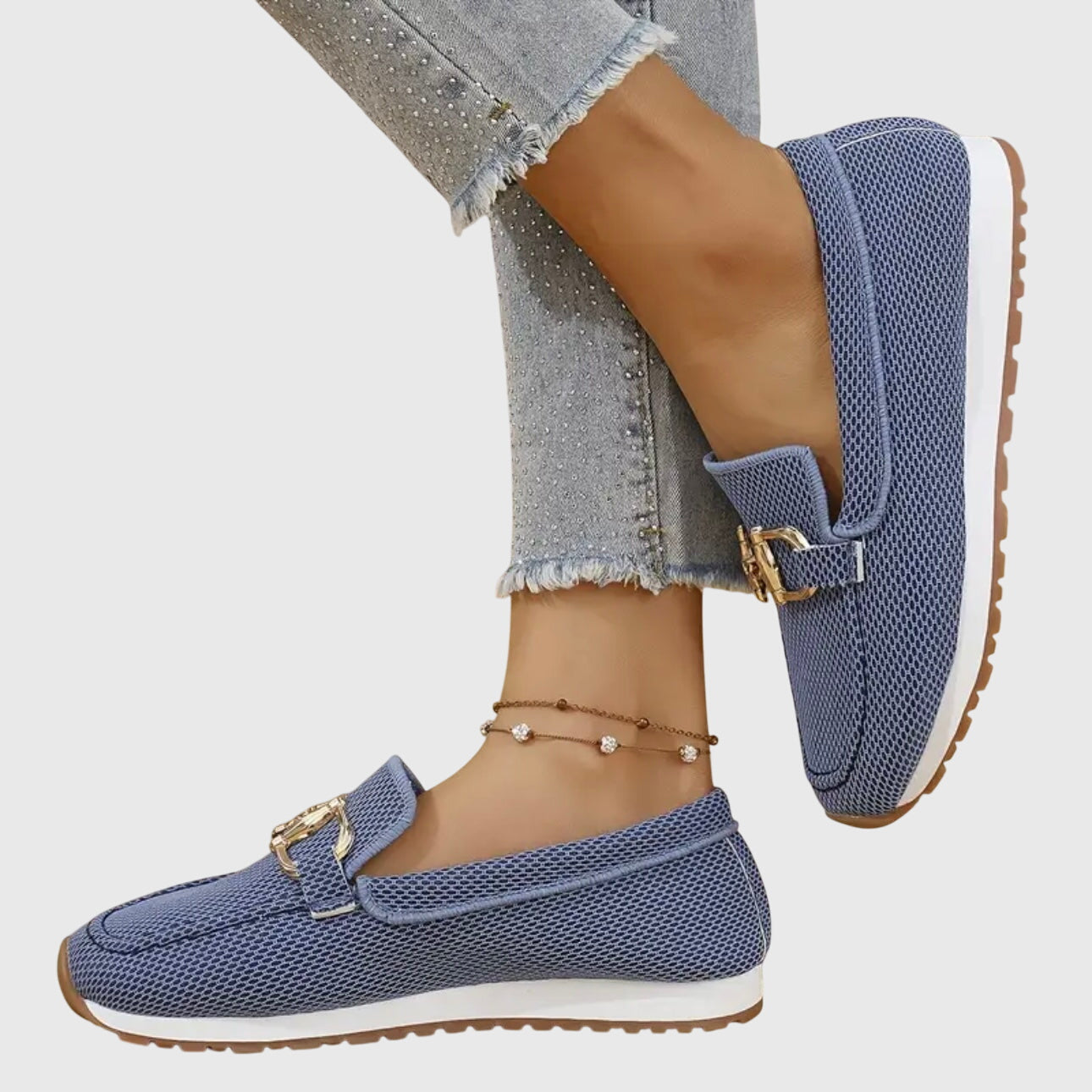 Women's Slip On Loafers - Mesh Upper - Gold Hardware Detail - Flat