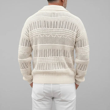 Men's Open Knit Polo Jumper - V-Neck Collar - Long Sleeve