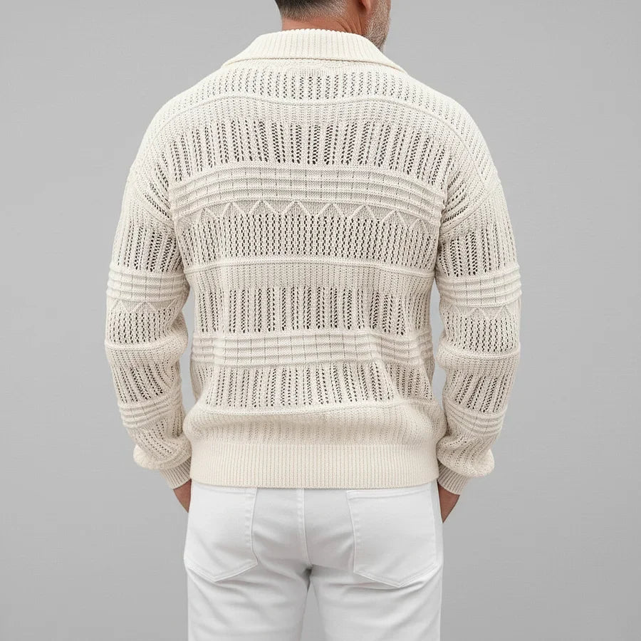 Men's Open Knit Polo Jumper - V-Neck Collar - Long Sleeve