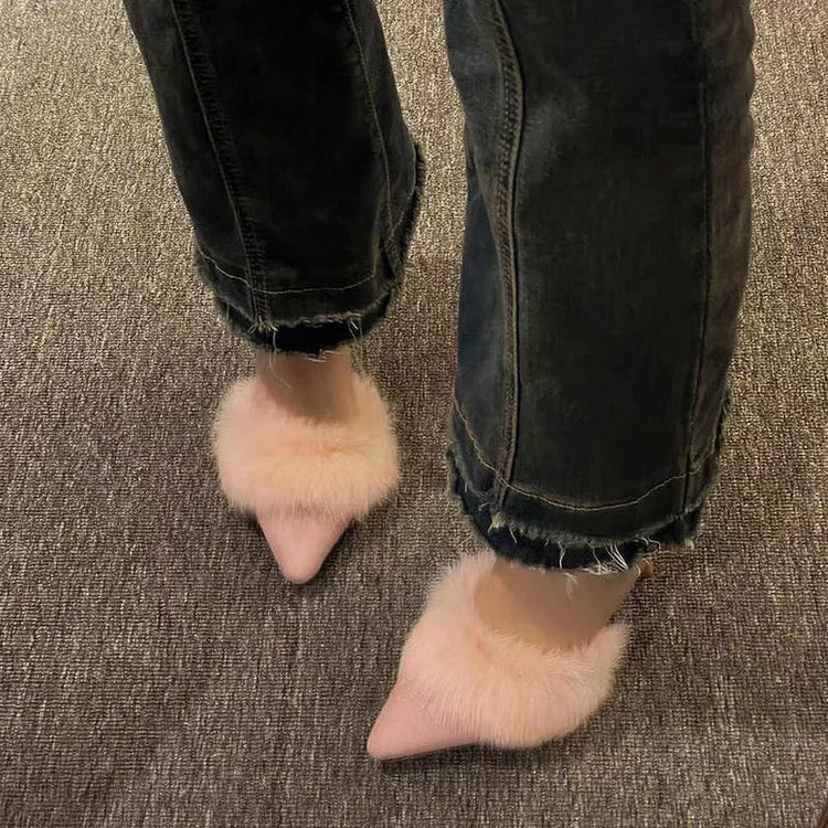 Women's Faux Fur Mule Heels - Pointed Toe - Stiletto - Slip On