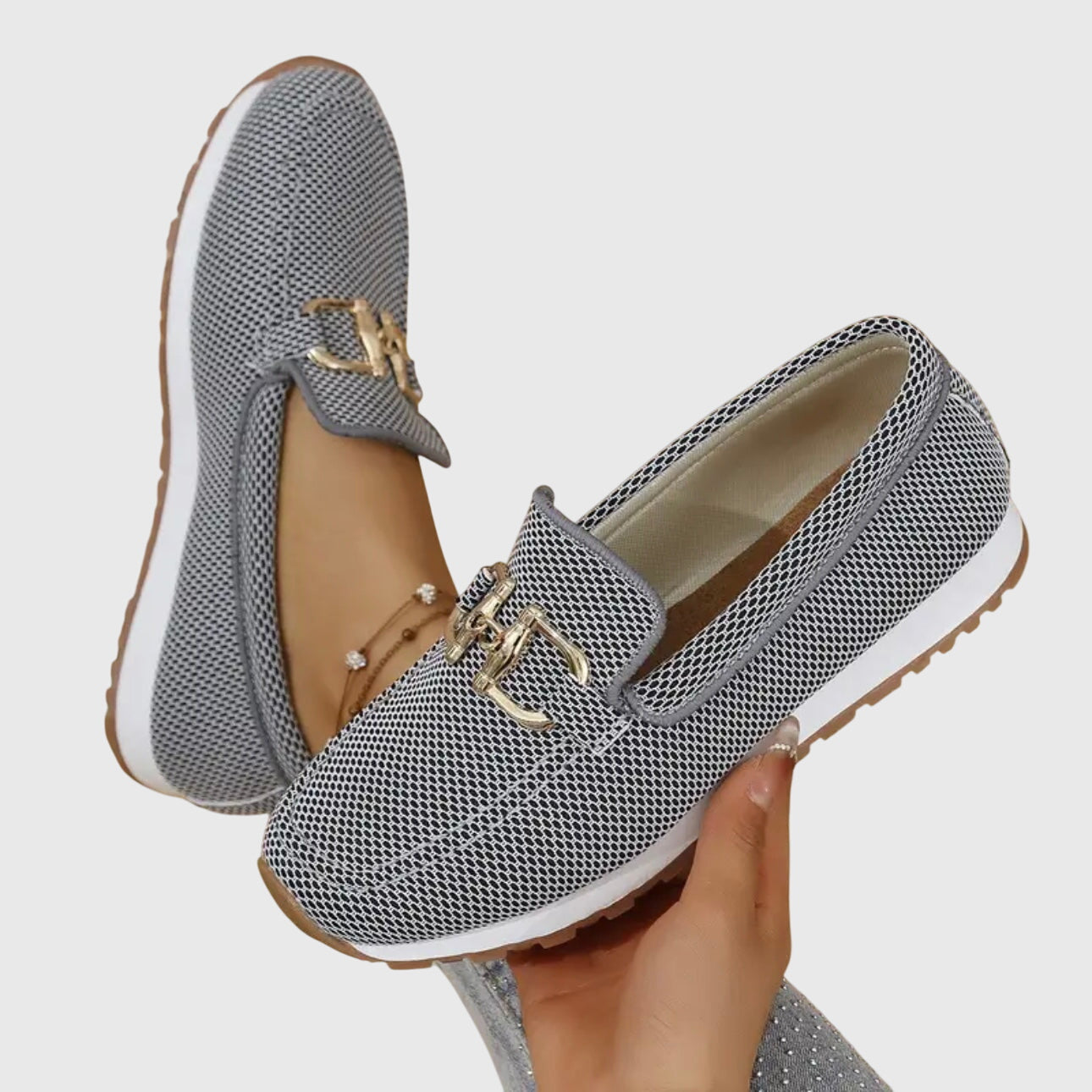 Women's Slip On Loafers - Mesh Upper - Gold Hardware Detail - Flat