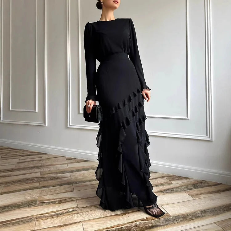 Women's Formal Maxi Dress - Ruffle Hem - Long Sleeve - Crew Neck